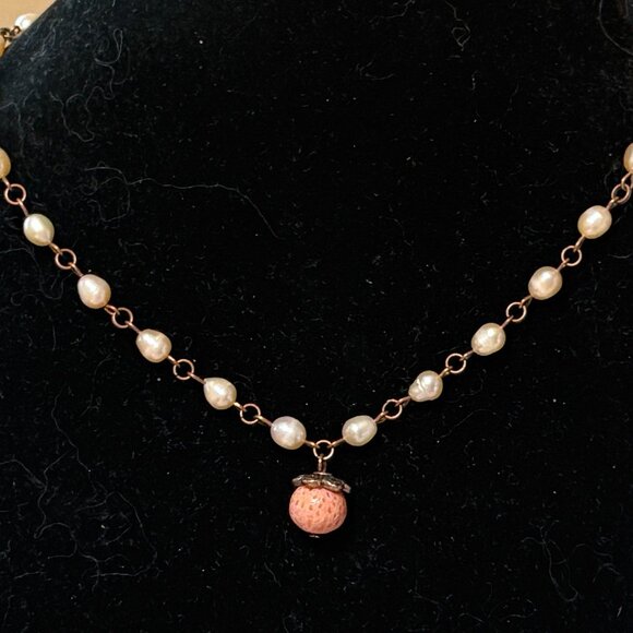 Pale Pink Freshwater Pearl Short Necklace with Cute Coral Pendant, Copper Links - Picture 3 of 16